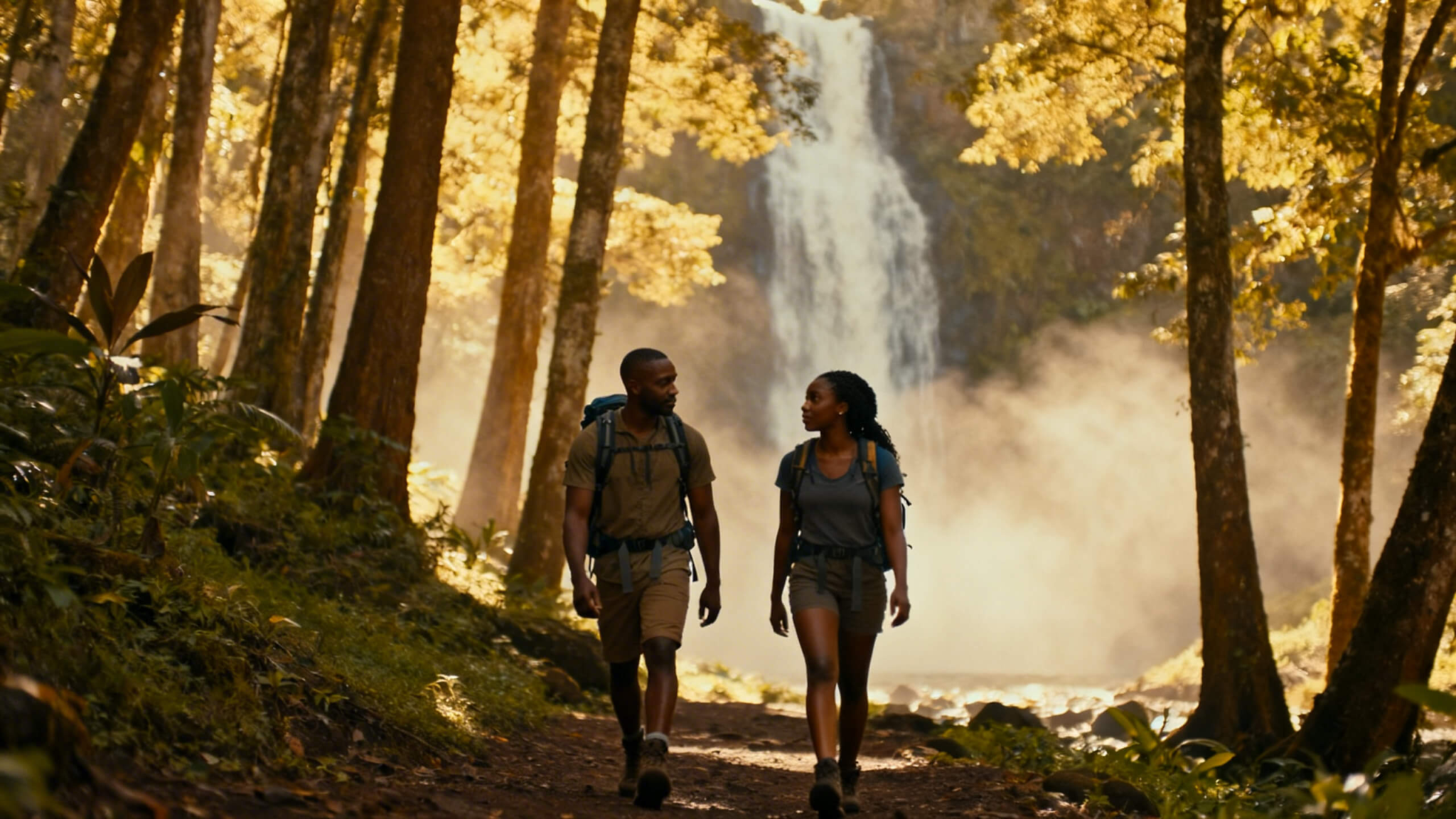Couple hiking together on a forest trail near a Catskills waterfall symbolizing shared adventure and emotional connection in nature.