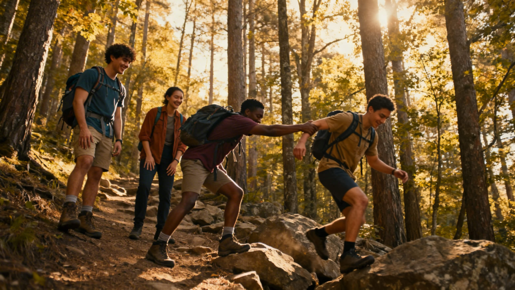 Friends helping each other on a forest hiking trail during a shared outdoor challenge that builds trust and friendship.