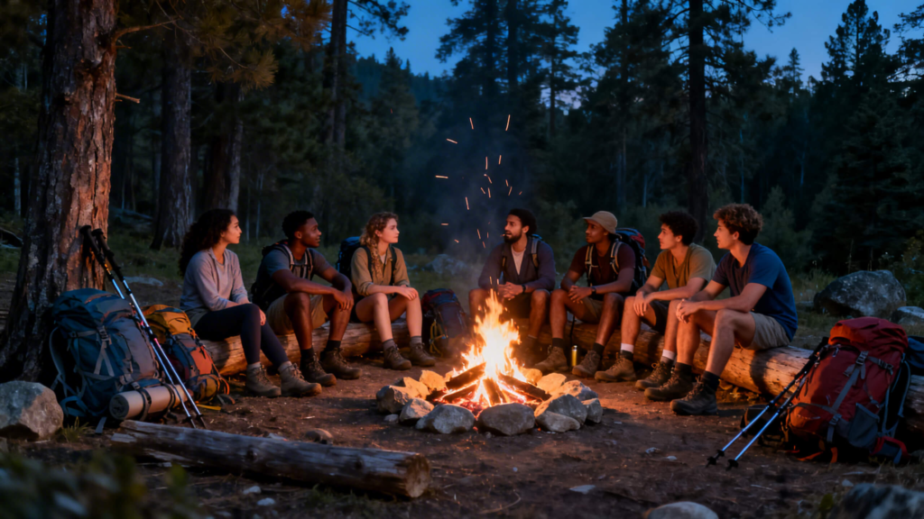 hikers sitting around a campfire sharing stories and bonding after a day on the trail