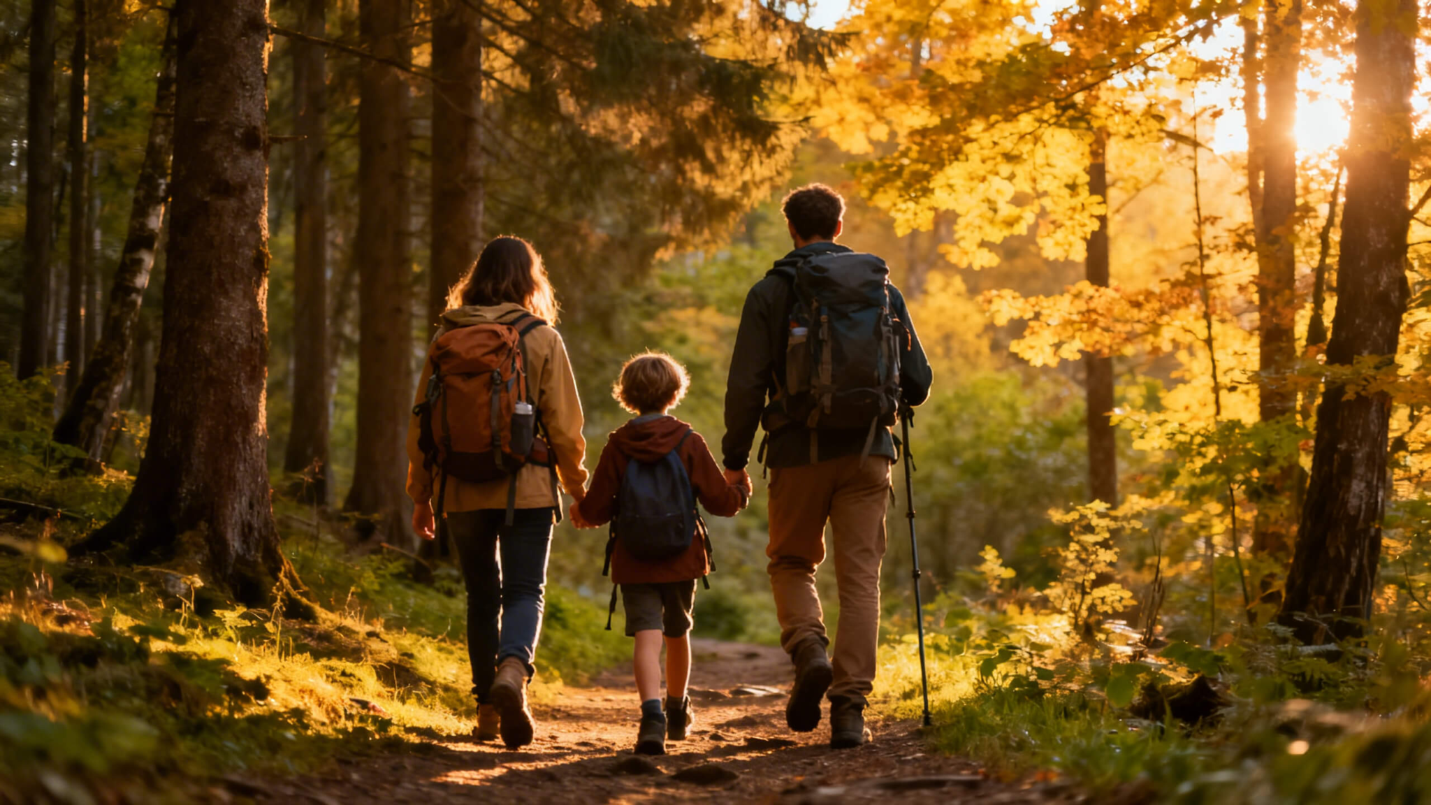 Family hiking together through a sunlit forest trail during autumn, symbolizing bonding, outdoor adventure, and shared experiences in nature.