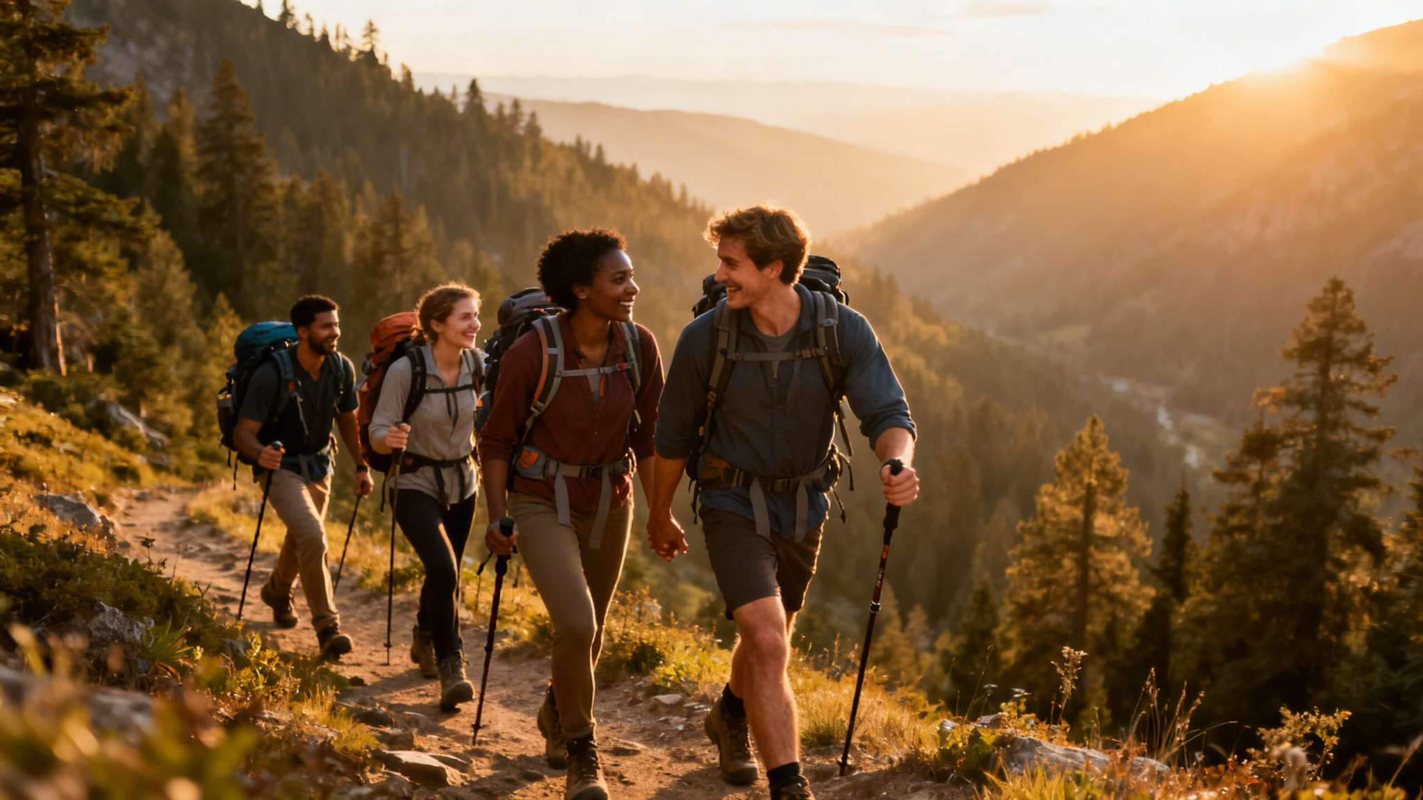 Group of hikers walking a mountain trail together representing trust and teamwork in hiking