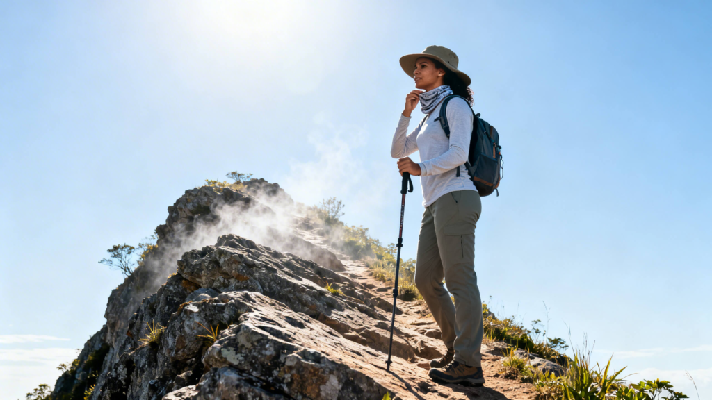 Hiker on exposed rocky ridgeline in extreme summer heat adjusting neck gaiter to regulate body temperature.