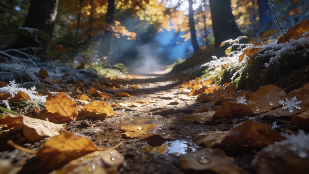 fall hiking trail showing mixed terrain with leaves, wet ground, and early frost in shaded areas