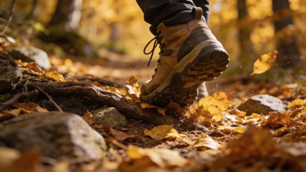 hiking boot stepping on leaf-covered trail with hidden rocks and roots underneath