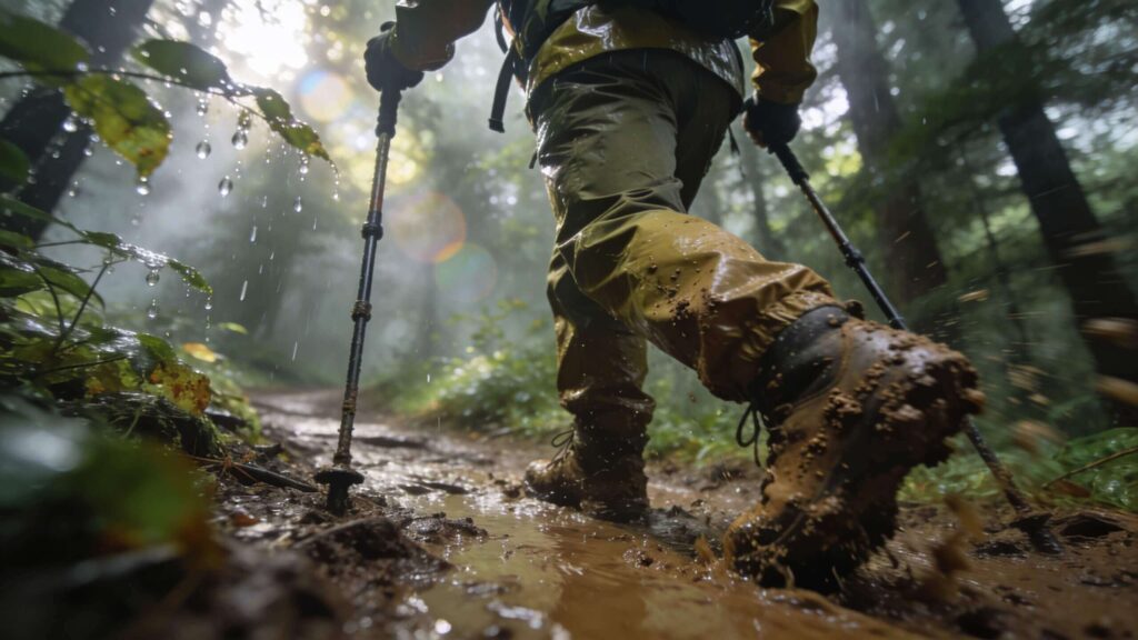 hiker using trekking poles to walk through muddy trail conditions in a forest
