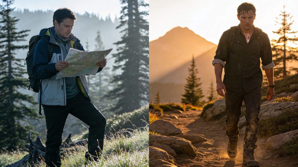 hiker adjusting layers during temperature changes on a fall hike between shade and sunlight