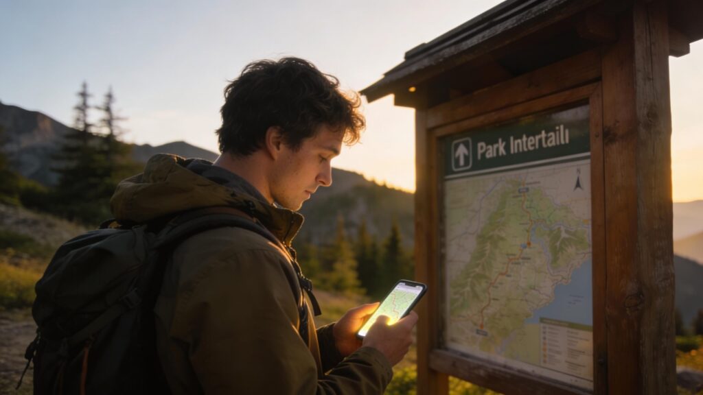 hiker checking trail map and phone for trail conditions at trailhead before hike