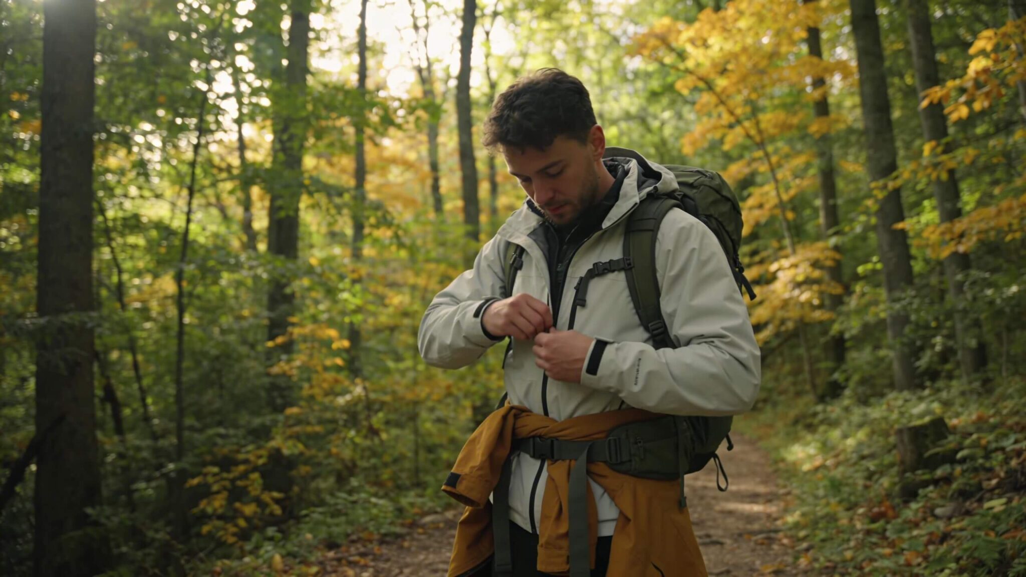 beginner hiker adjusting clothing layers at forest trailhead during early fall hike with changing weather conditions