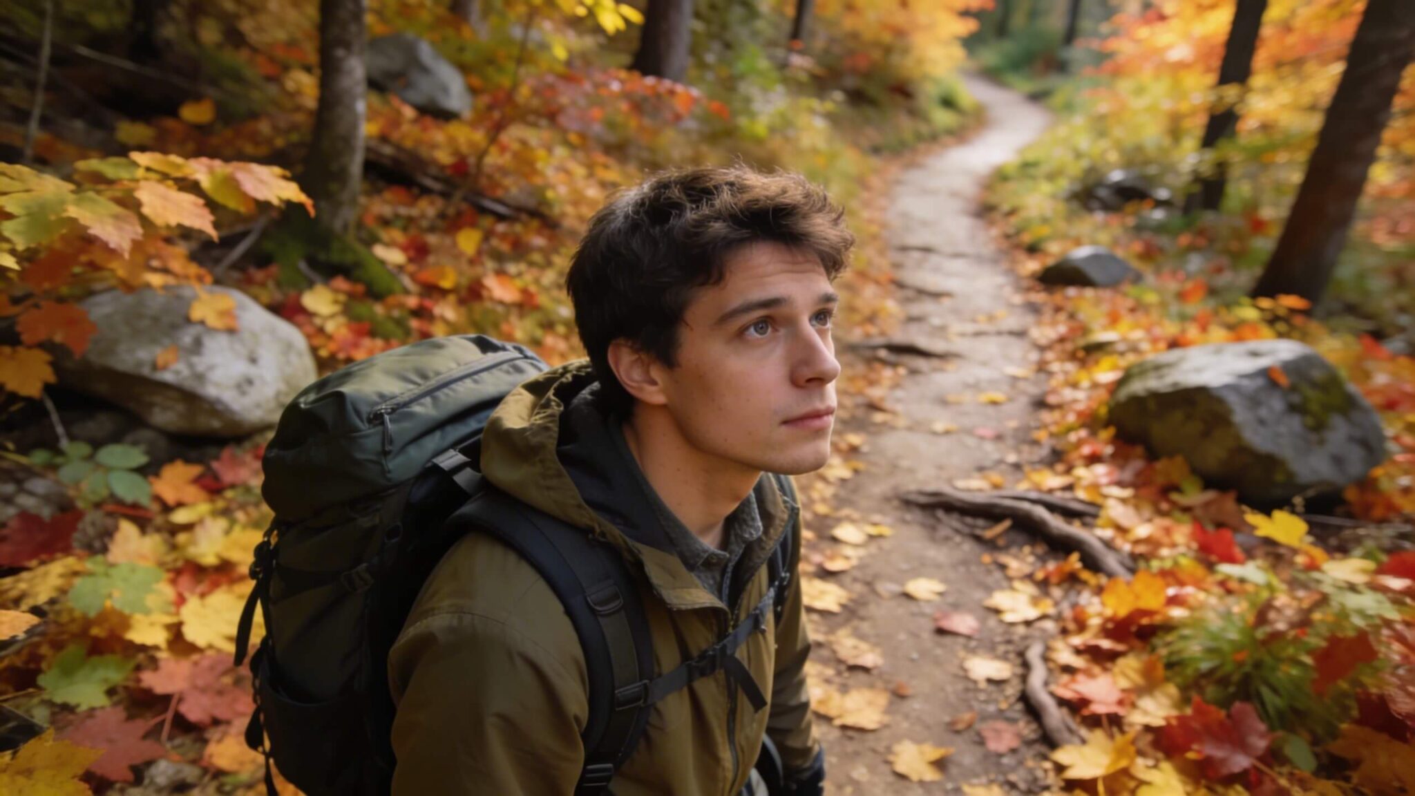 beginner hiker choosing a safe fall trail at a trailhead with leaves covering uneven terrain