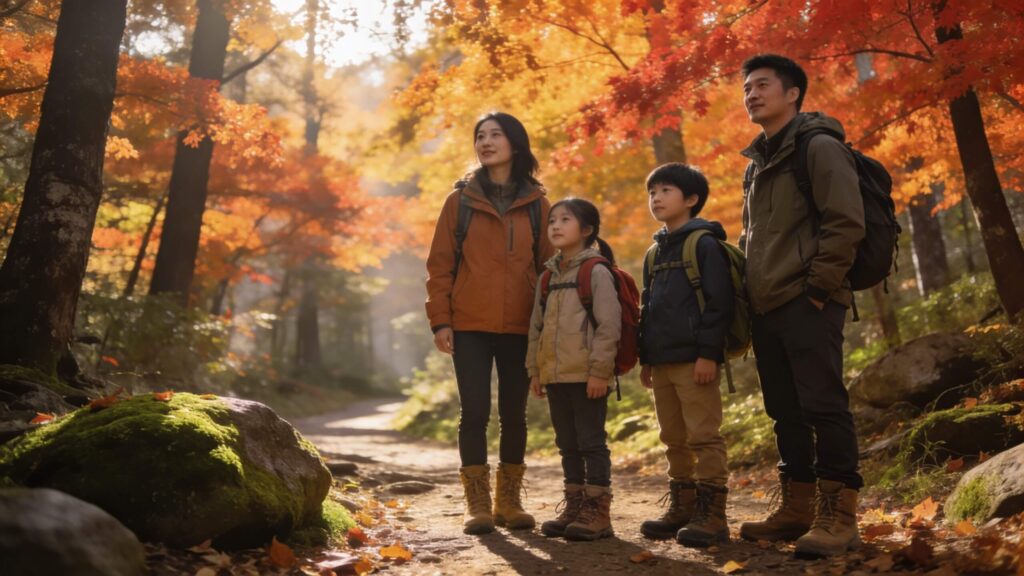 Family at a fall trailhead surrounded by colorful autumn foliage, preparing for a hike