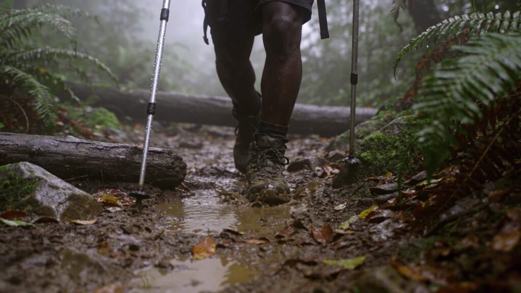 Hiker walking carefully on muddy trail using trekking poles in wet forest conditions