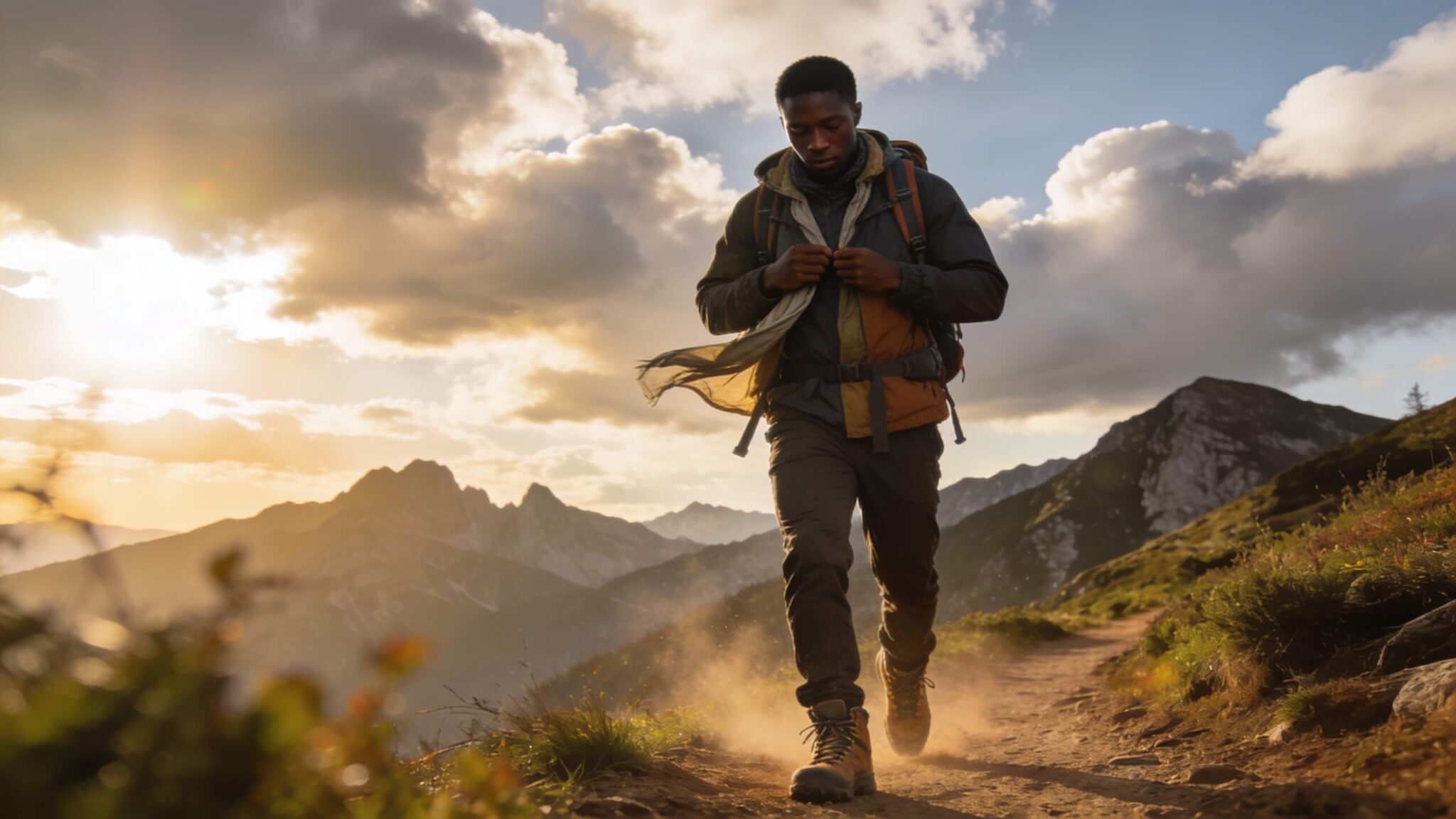 Hiker adjusting layers on trail during changing weather conditions in mountains