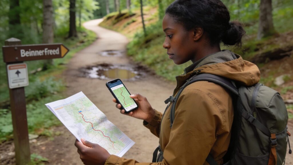 Hiker checking trail conditions on phone before starting hike at trailhead