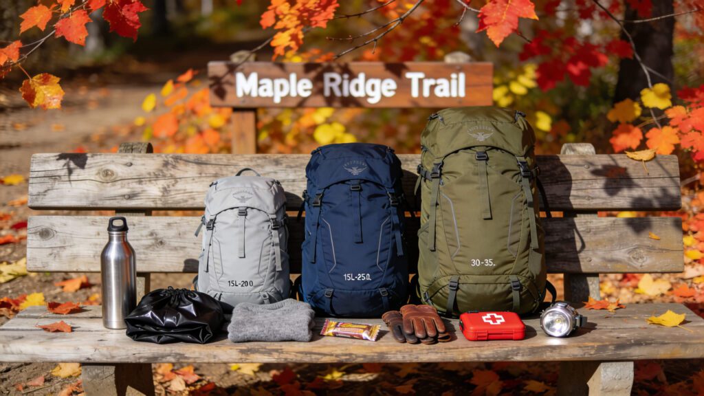 Three hiking daypacks in different sizes arranged with fall hiking gear to show what size backpack is best for a day hike.