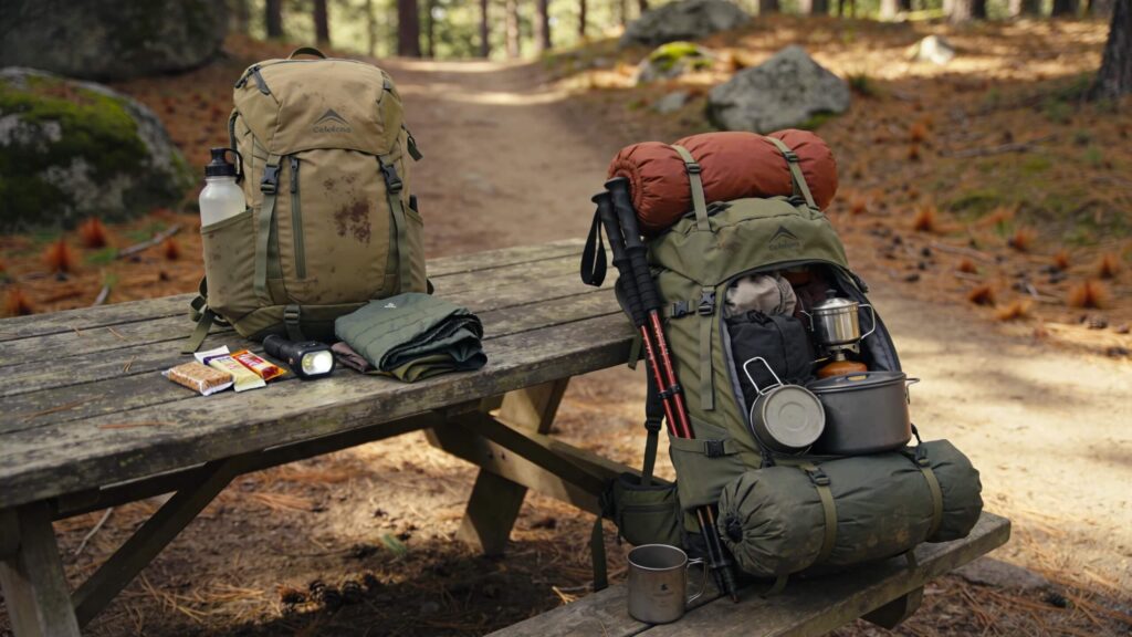 Daypack compared with a larger backpacking pack to show the difference between day hiking gear and overnight backpacking gear.