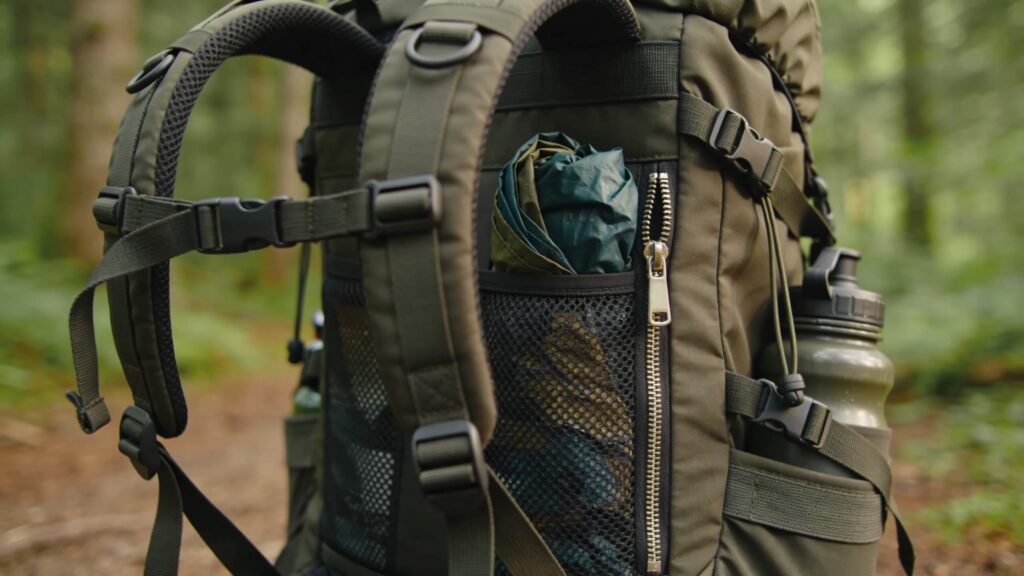 Close-up of hiking backpack features including shoulder straps, hip belt, water bottle pockets, mesh pocket, and main compartment access.