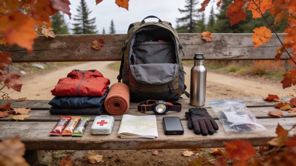 Organized fall hiking daypack essentials including rain shell, fleece, water, snacks, first aid kit, headlamp, gloves, and dry bag.