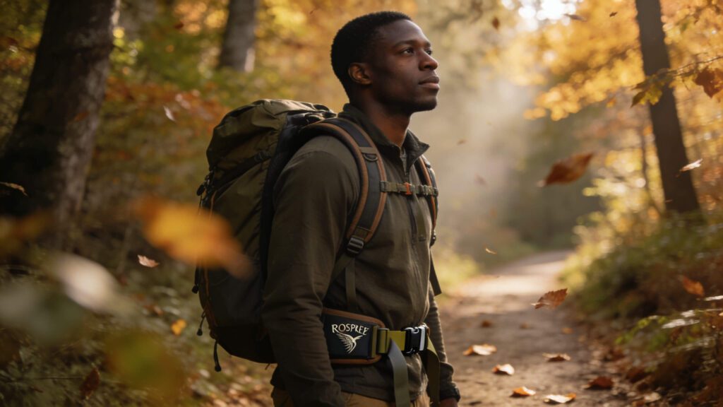 Hiker wearing a framed daypack with supportive shoulder straps and hip belt on an autumn trail, showing how backpack structure can improve comfort.