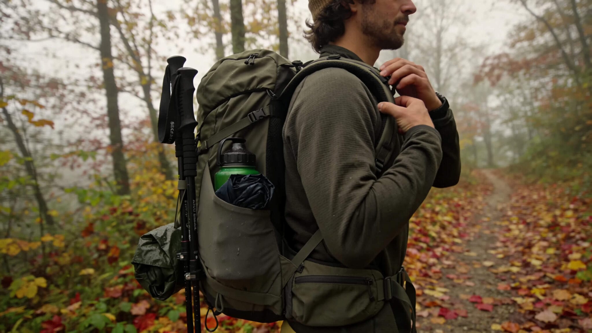 Hiker adjusting a structured daypack at an autumn trailhead, showing how the best backpacks for fall hiking carry layers, rain gear, water, and trail essentials.