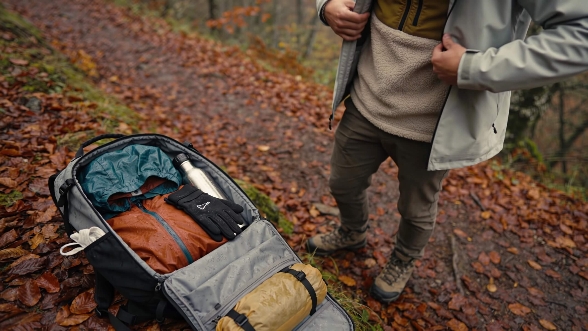 Hiker adjusting fall layering gear on an autumn trail with a rain shell, mid layer, backpack, and dry bag for staying warm and dry.