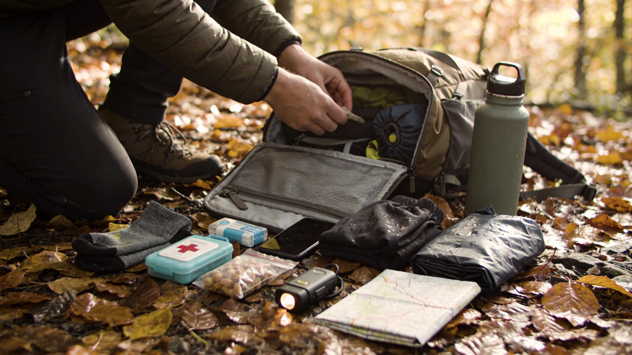 Beginner hiker checking what to pack for fall trails, including extra socks, first aid kit, rain layer, headlamp, snacks, water, and dry storage.