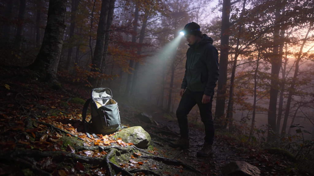 Beginner hiker using a headlamp on a fall trail at dusk with wet leaves, roots, rocks, and a daypack for safer visibility.